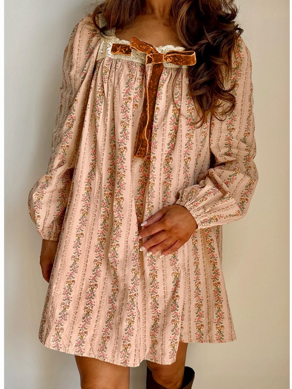 Peach Floral Long-Sleeve Peasant Dress with Velvet Bow & Lace Trim - Picture 8 of 13